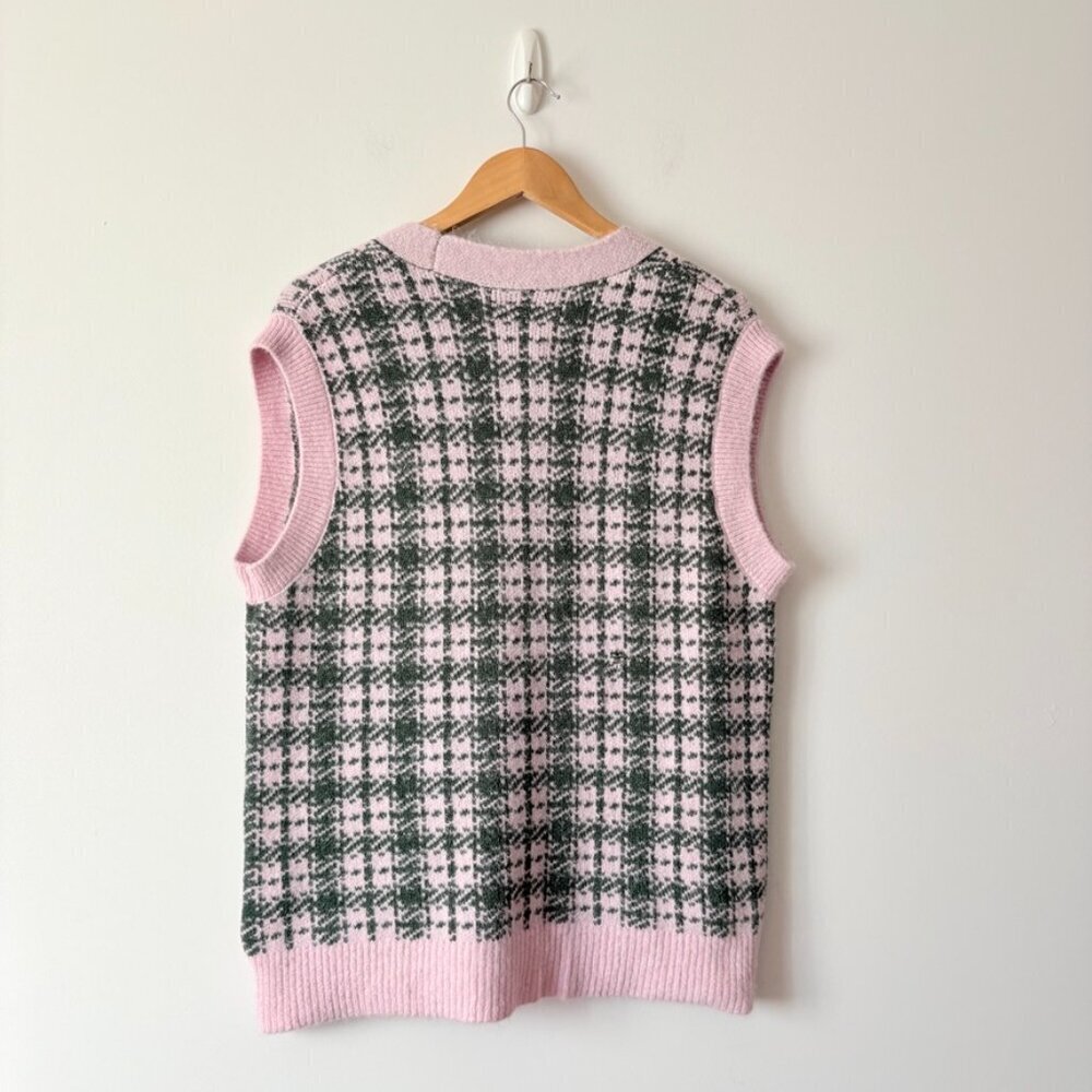 Zara Plaid Sweater Vest Pearl Buttons Pink Green Size Small Blogger Fav - Picture 5 of 8
